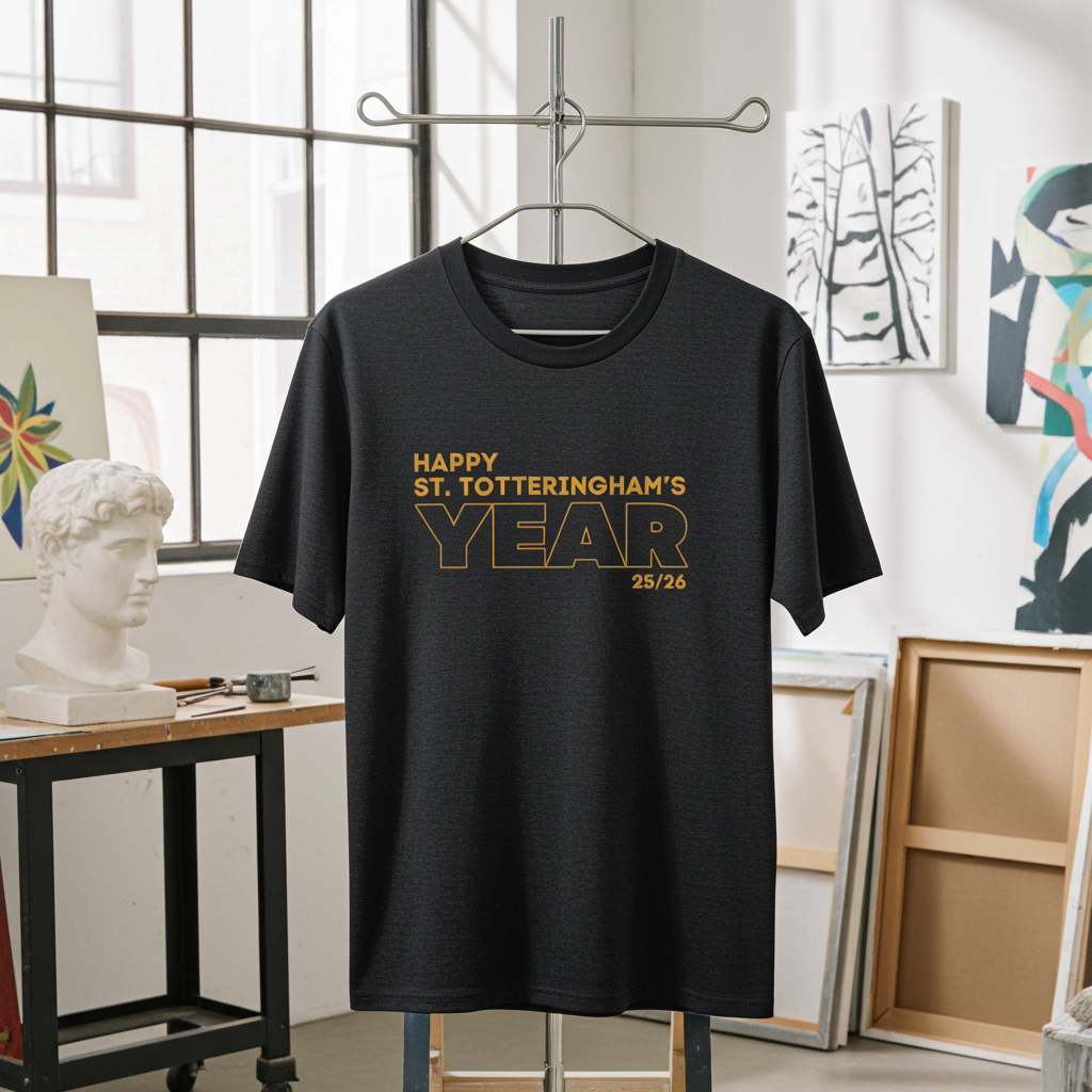 Black t-shirt with 'Happy St. Totteringham's Year 25/26' text on a hanger in an indoor setting.